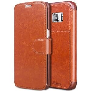 Galaxy S7 Edge Case PU Leather Flip Folio Magnetic Wallet Card Slots Dark Brown